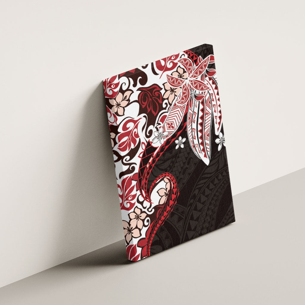 Monstera Plumeria Flowers Red Canvas Wall Art Polynesian Pattern