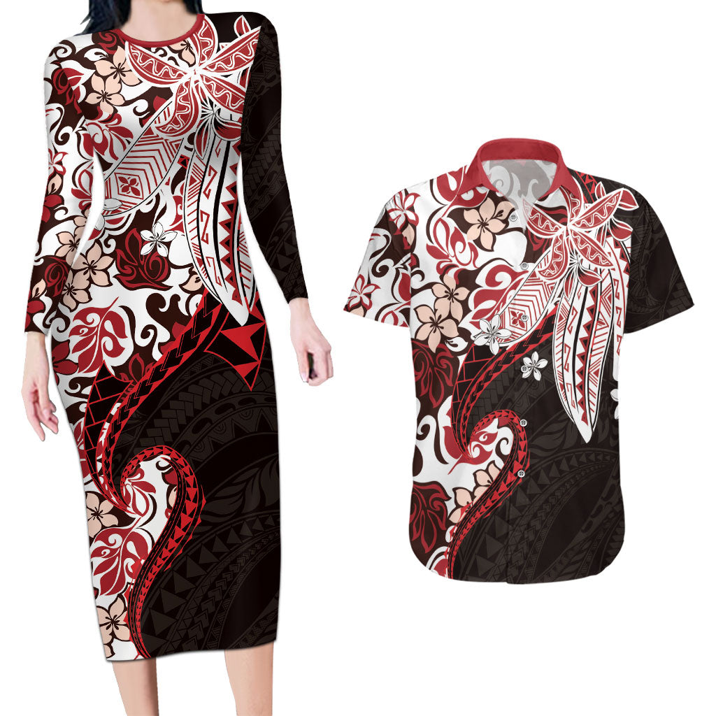 Monstera Plumeria Flowers Red Couples Matching Long Sleeve Bodycon Dress and Hawaiian Shirt Polynesian Pattern