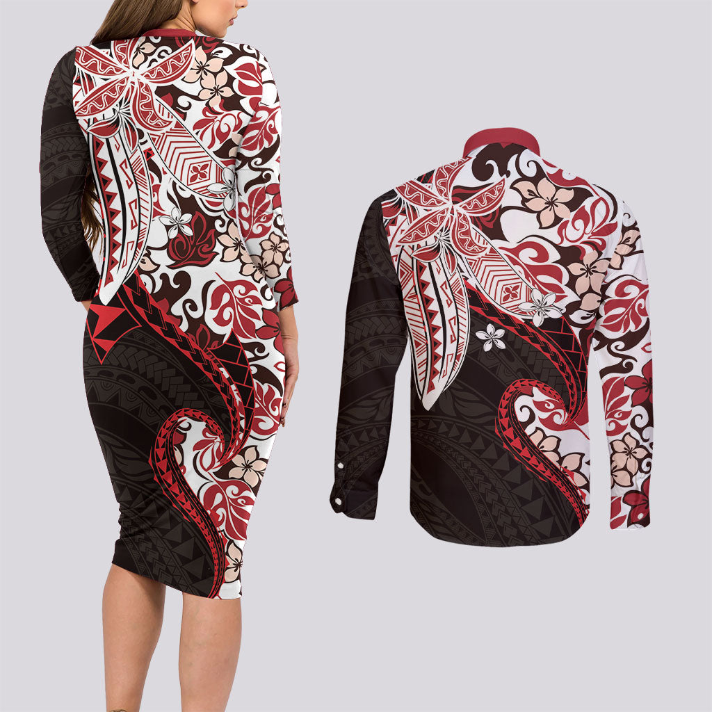 Monstera Plumeria Flowers Red Couples Matching Long Sleeve Bodycon Dress and Long Sleeve Button Shirt Polynesian Pattern