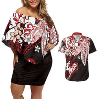 Monstera Plumeria Flowers Red Couples Matching Off Shoulder Short Dress and Hawaiian Shirt Polynesian Pattern