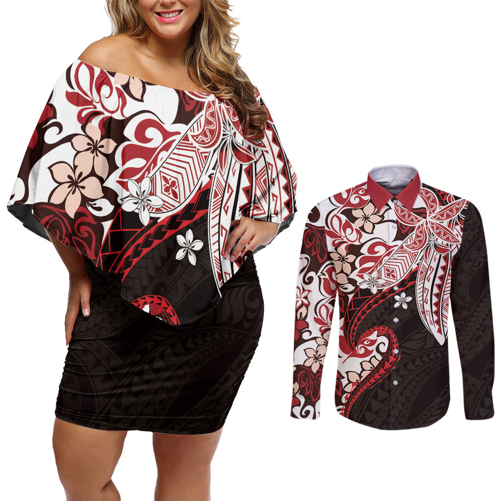 Monstera Plumeria Flowers Red Couples Matching Off Shoulder Short Dress and Long Sleeve Button Shirt Polynesian Pattern