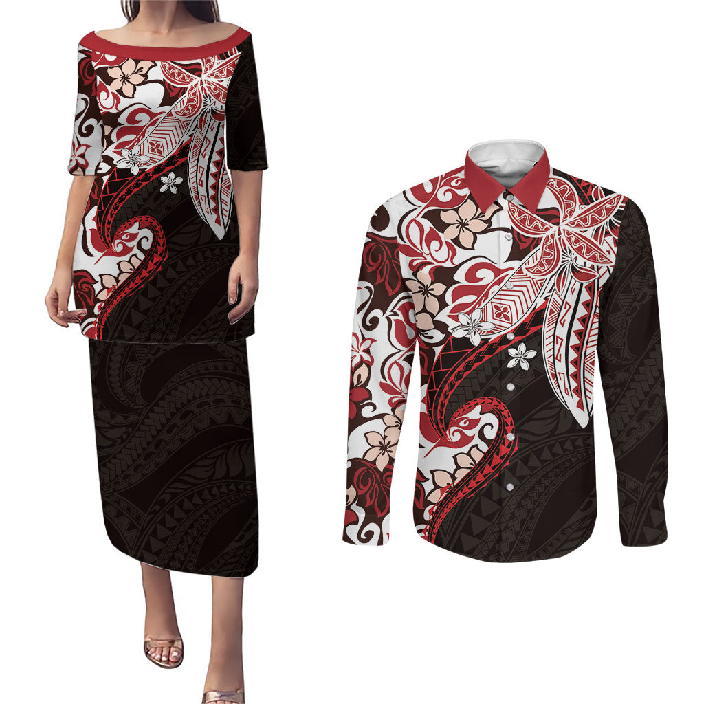 Monstera Plumeria Flowers Red Couples Matching Puletasi and Long Sleeve Button Shirt Polynesian Pattern