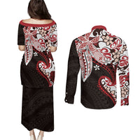 Monstera Plumeria Flowers Red Couples Matching Puletasi and Long Sleeve Button Shirt Polynesian Pattern