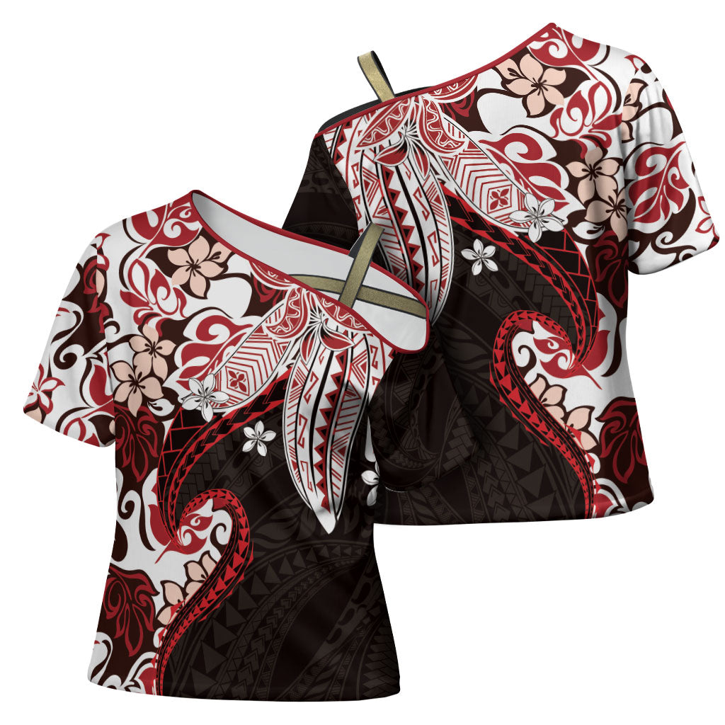 Monstera Plumeria Flowers Red Cross Shoulder Shirt Polynesian Pattern