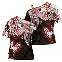 Monstera Plumeria Flowers Red Cross Shoulder Shirt Polynesian Pattern