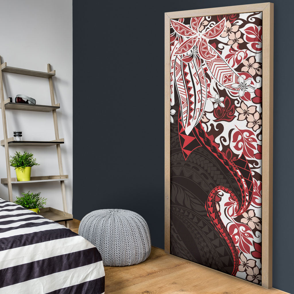 Monstera Plumeria Flowers Red Door Cover Polynesian Pattern