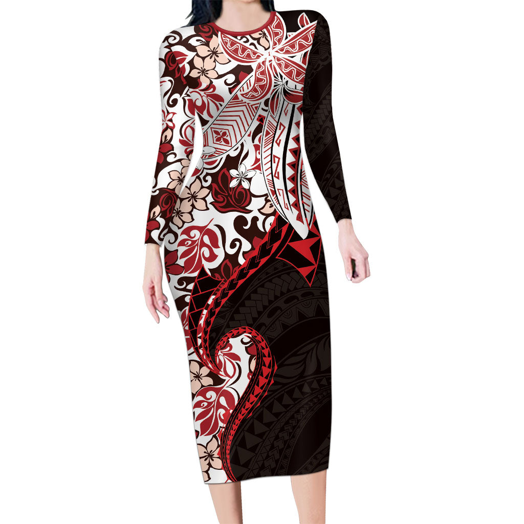 Monstera Plumeria Flowers Red Family Matching Long Sleeve Bodycon Dress and Hawaiian Shirt Polynesian Pattern LT01 Mom's Dress Red - Polynesian Pride