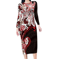 Monstera Plumeria Flowers Red Family Matching Long Sleeve Bodycon Dress and Hawaiian Shirt Polynesian Pattern LT01 Mom's Dress Red - Polynesian Pride