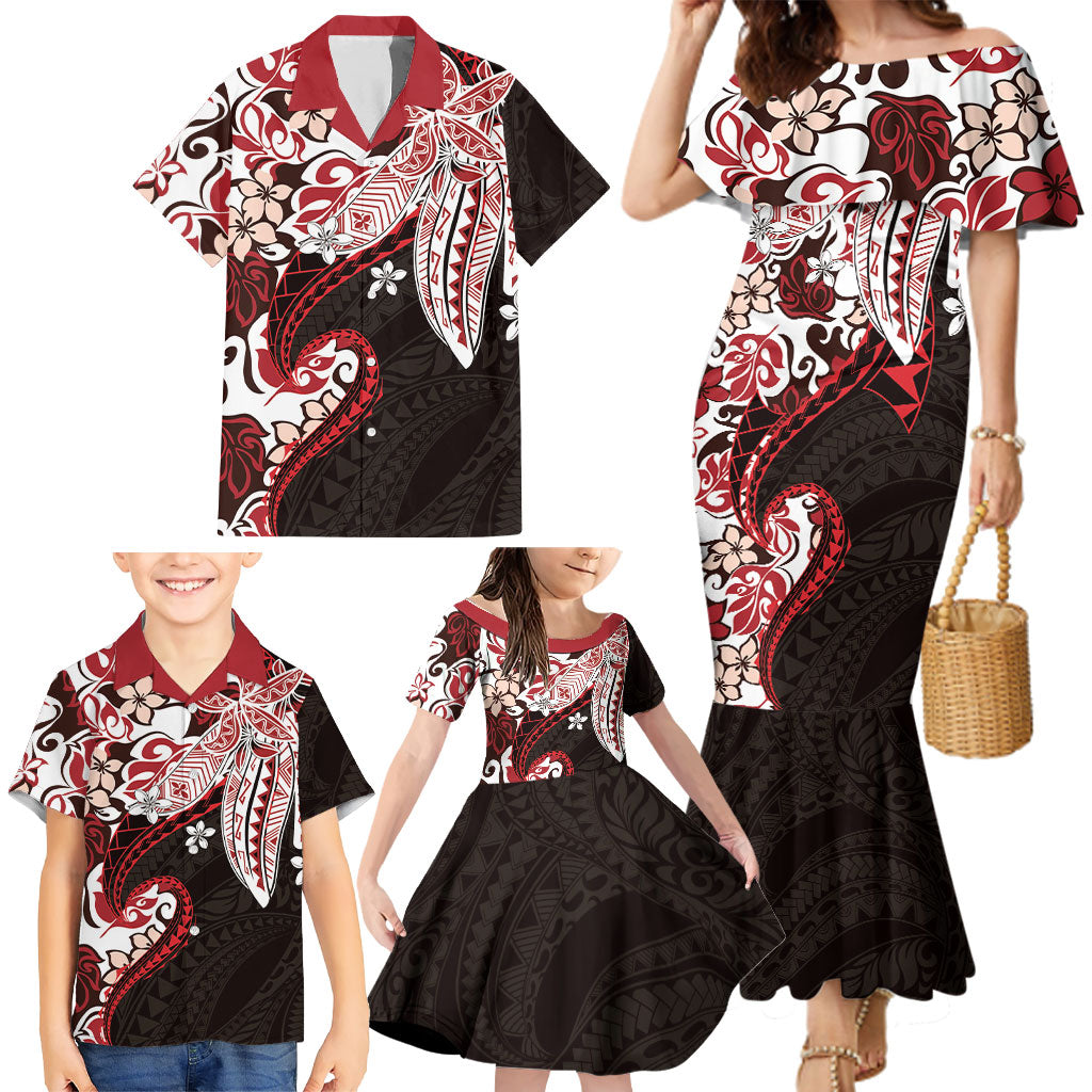 Monstera Plumeria Flowers Red Family Matching Mermaid Dress and Hawaiian Shirt Polynesian Pattern