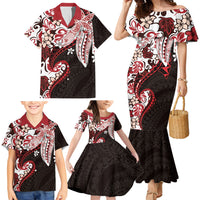 Monstera Plumeria Flowers Red Family Matching Mermaid Dress and Hawaiian Shirt Polynesian Pattern