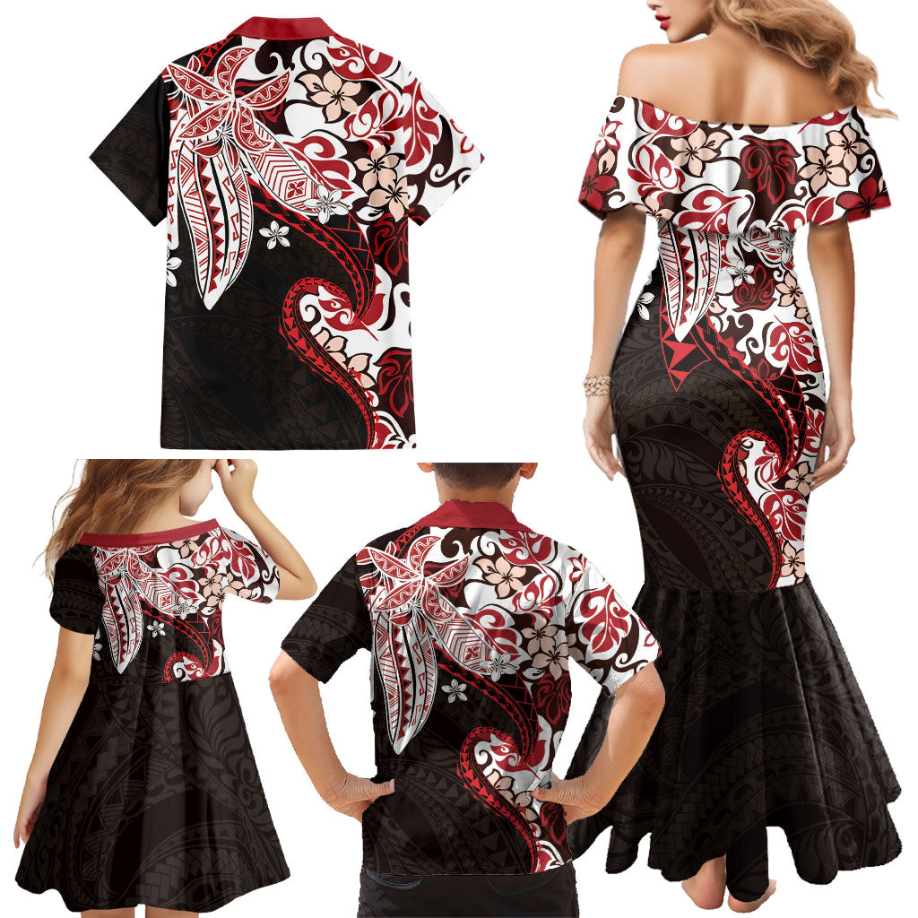 Monstera Plumeria Flowers Red Family Matching Mermaid Dress and Hawaiian Shirt Polynesian Pattern