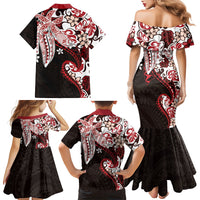 Monstera Plumeria Flowers Red Family Matching Mermaid Dress and Hawaiian Shirt Polynesian Pattern