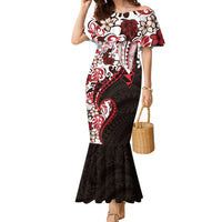 Monstera Plumeria Flowers Red Family Matching Mermaid Dress and Hawaiian Shirt Polynesian Pattern