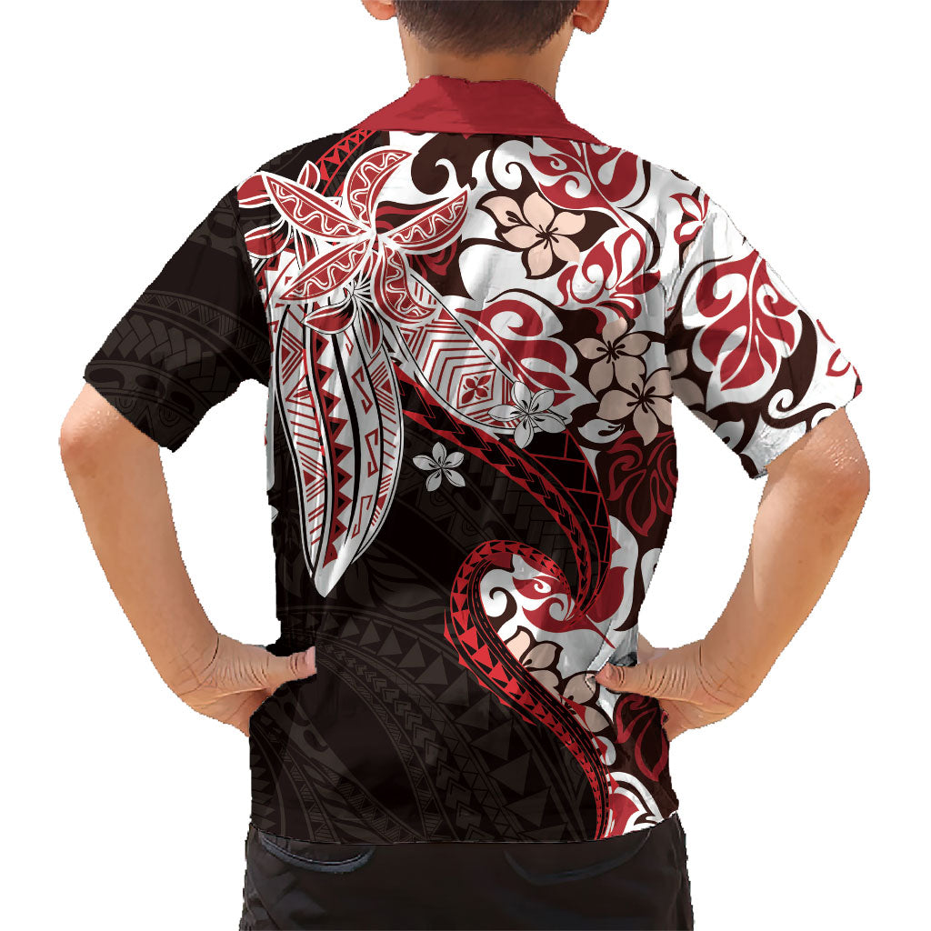 Monstera Plumeria Flowers Red Family Matching Off The Shoulder Long Sleeve Dress and Hawaiian Shirt Polynesian Pattern LT01 - Polynesian Pride