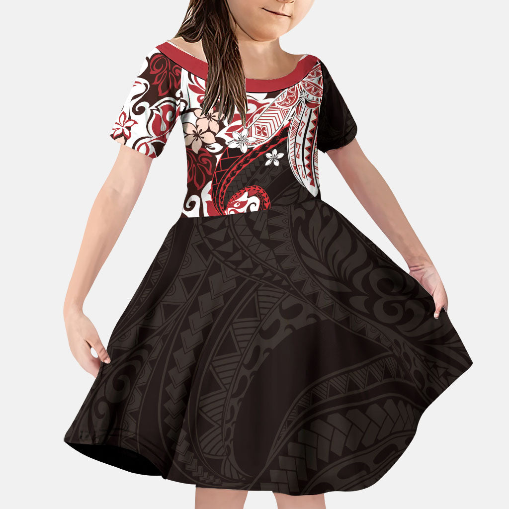 Monstera Plumeria Flowers Red Family Matching Off The Shoulder Long Sleeve Dress and Hawaiian Shirt Polynesian Pattern LT01 Daughter's Dress Red - Polynesian Pride