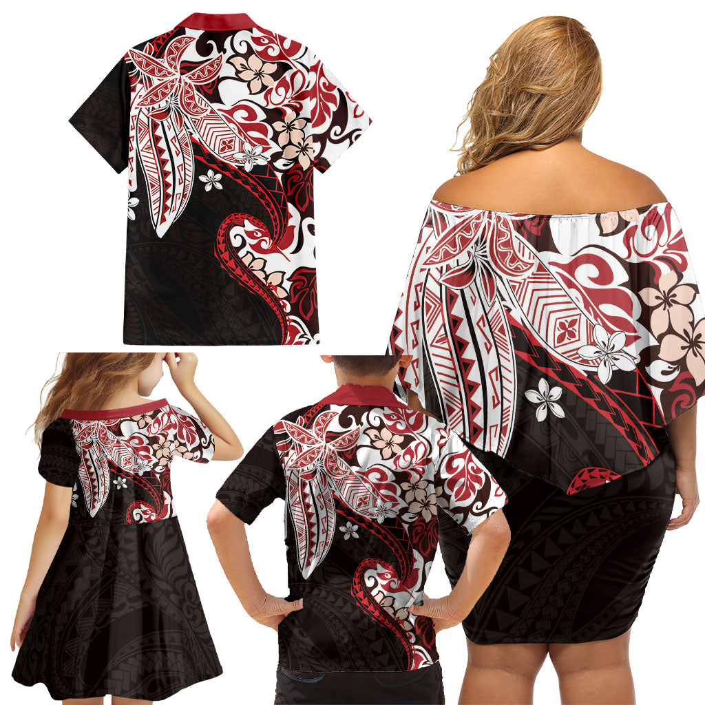 Monstera Plumeria Flowers Red Family Matching Off Shoulder Short Dress and Hawaiian Shirt Polynesian Pattern