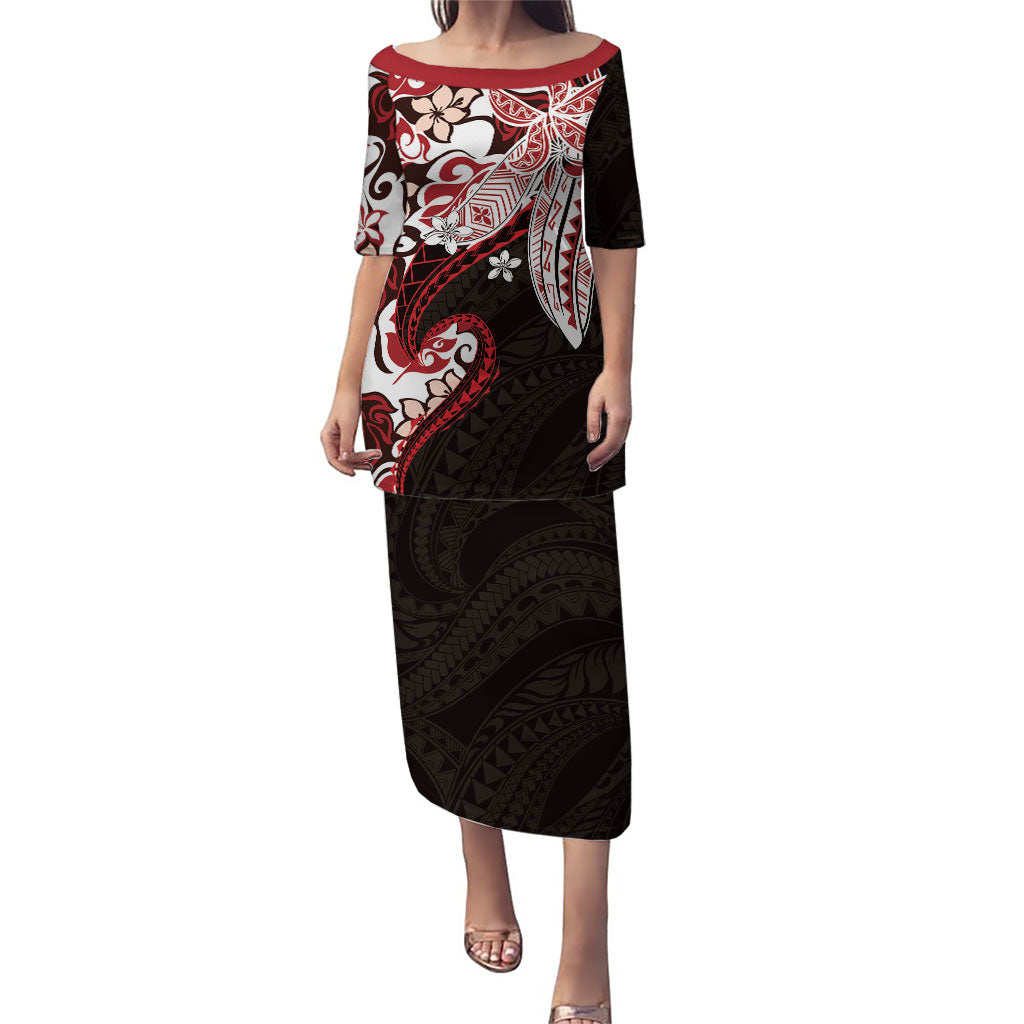 Monstera Plumeria Flowers Red Family Matching Puletasi and Hawaiian Shirt Polynesian Pattern