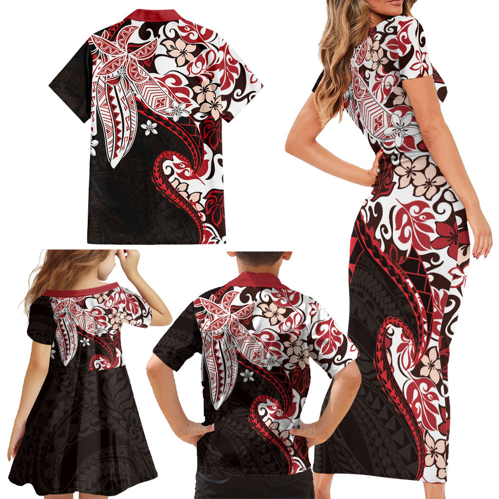 Monstera Plumeria Flowers Red Family Matching Short Sleeve Bodycon Dress and Hawaiian Shirt Polynesian Pattern LT01 - Polynesian Pride