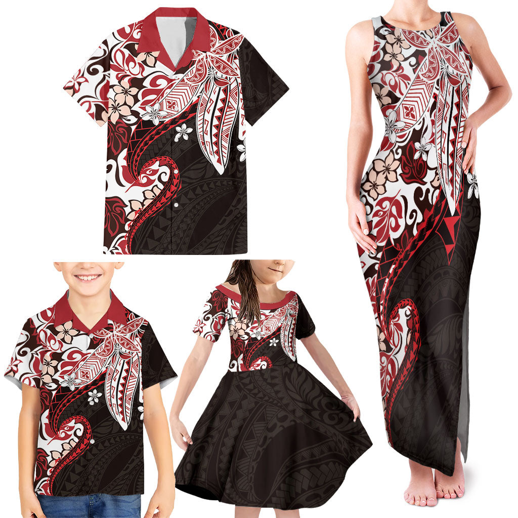 Monstera Plumeria Flowers Red Family Matching Tank Maxi Dress and Hawaiian Shirt Polynesian Pattern