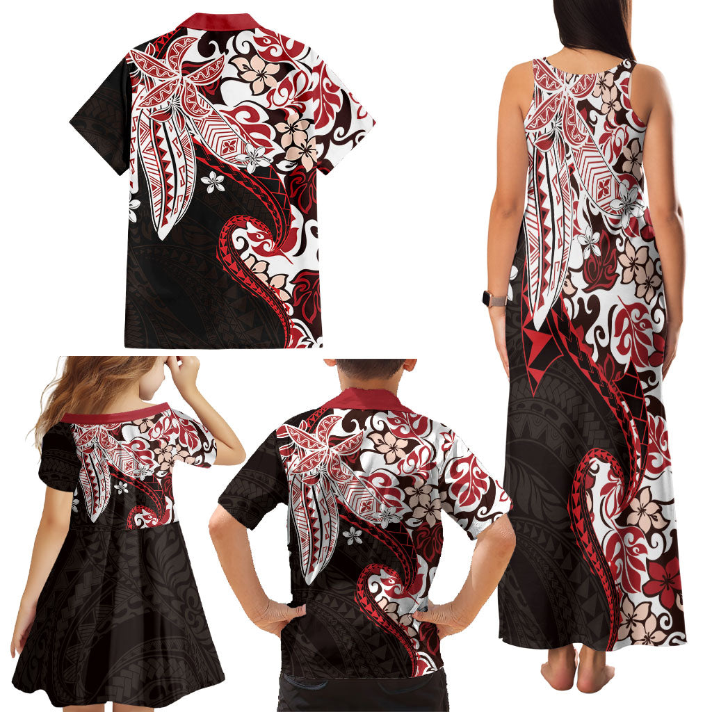 Monstera Plumeria Flowers Red Family Matching Tank Maxi Dress and Hawaiian Shirt Polynesian Pattern