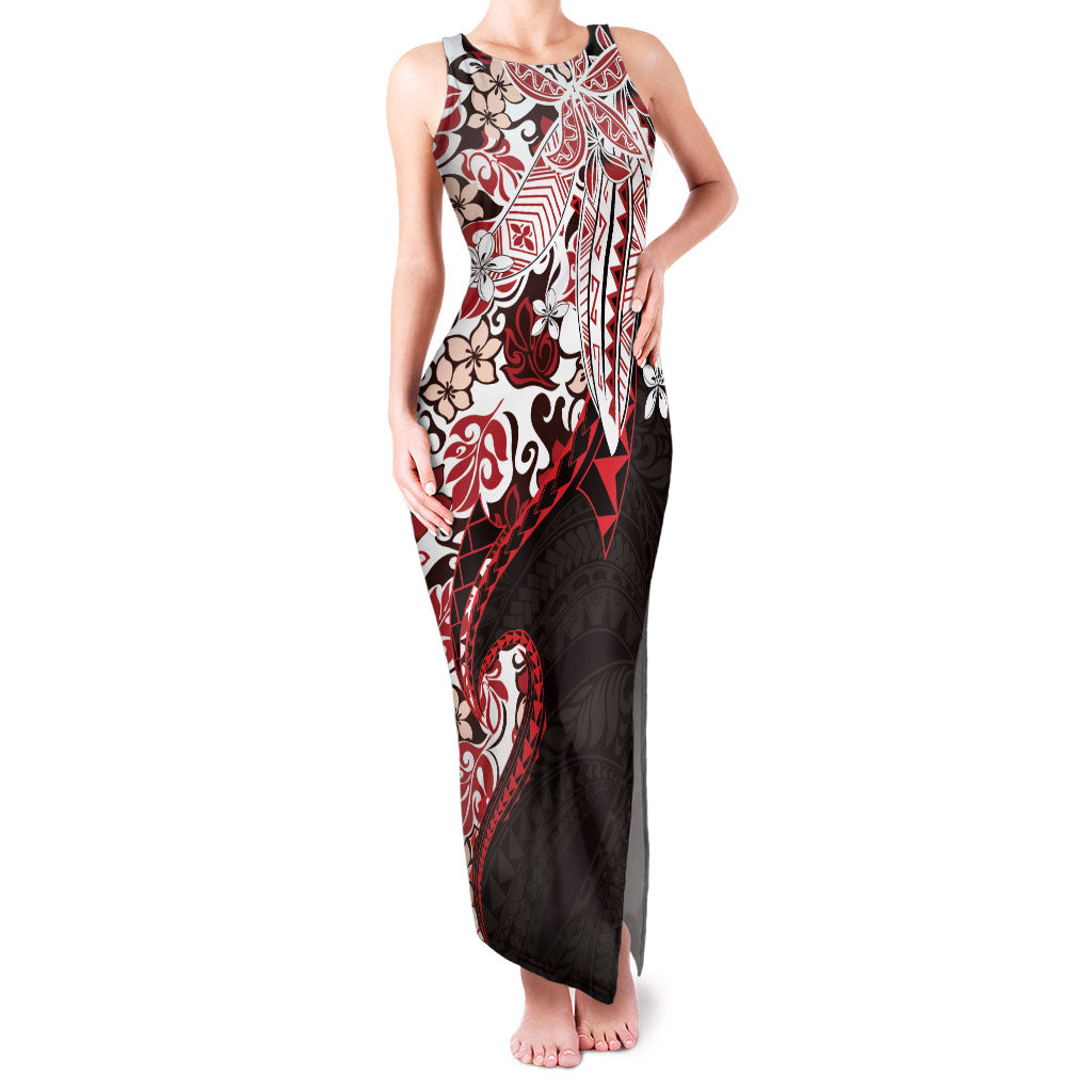 Monstera Plumeria Flowers Red Family Matching Tank Maxi Dress and Hawaiian Shirt Polynesian Pattern
