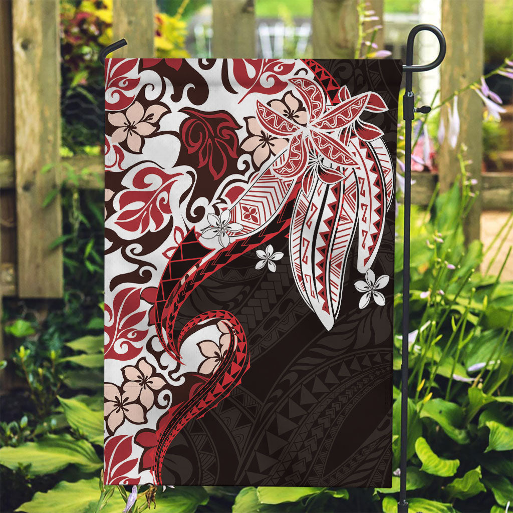 Monstera Plumeria Flowers Red Garden Flag Polynesian Pattern