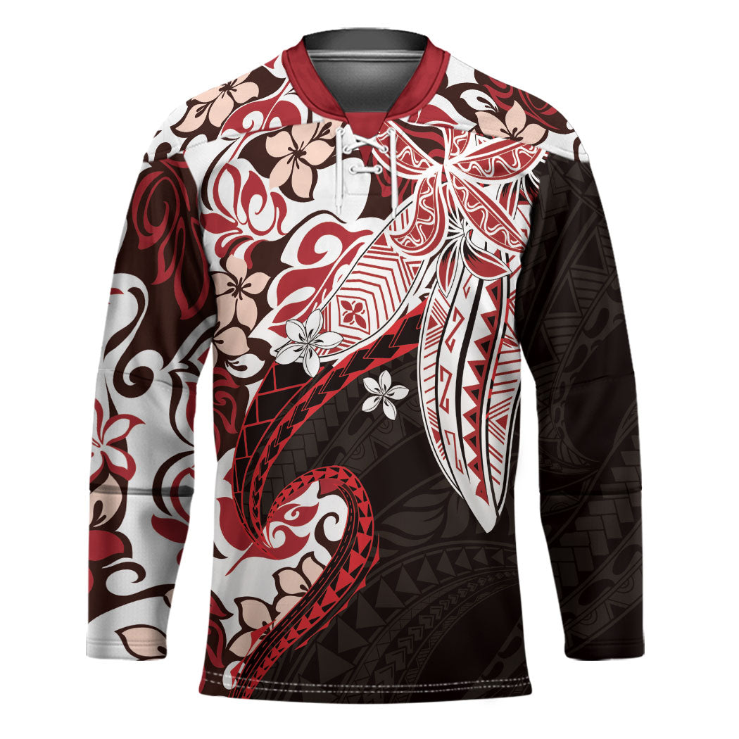 Monstera Plumeria Flowers Red Hockey Jersey Polynesian Pattern