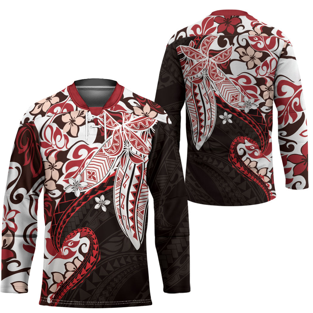 Monstera Plumeria Flowers Red Hockey Jersey Polynesian Pattern