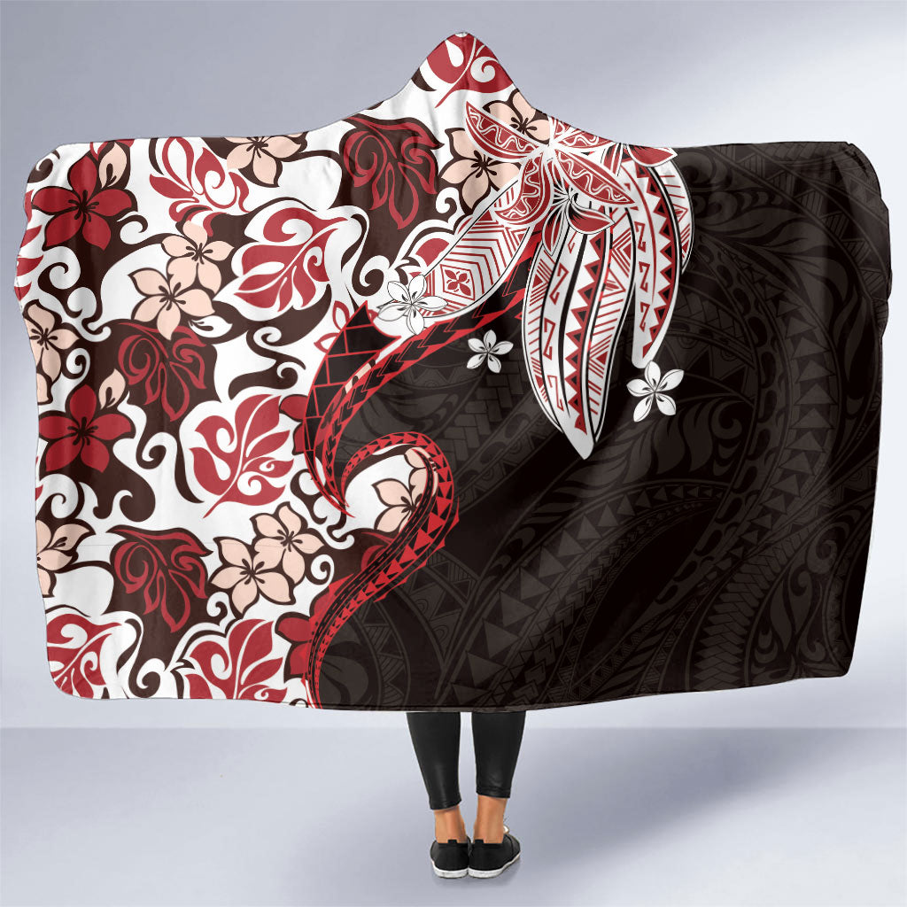 Monstera Plumeria Flowers Red Hooded Blanket Polynesian Pattern