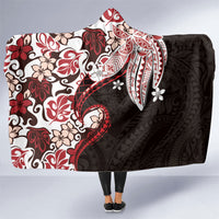 Monstera Plumeria Flowers Red Hooded Blanket Polynesian Pattern
