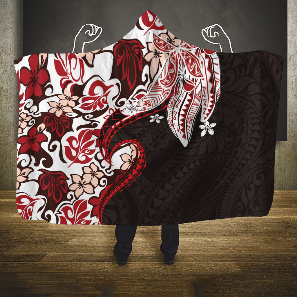 Monstera Plumeria Flowers Red Hooded Blanket Polynesian Pattern