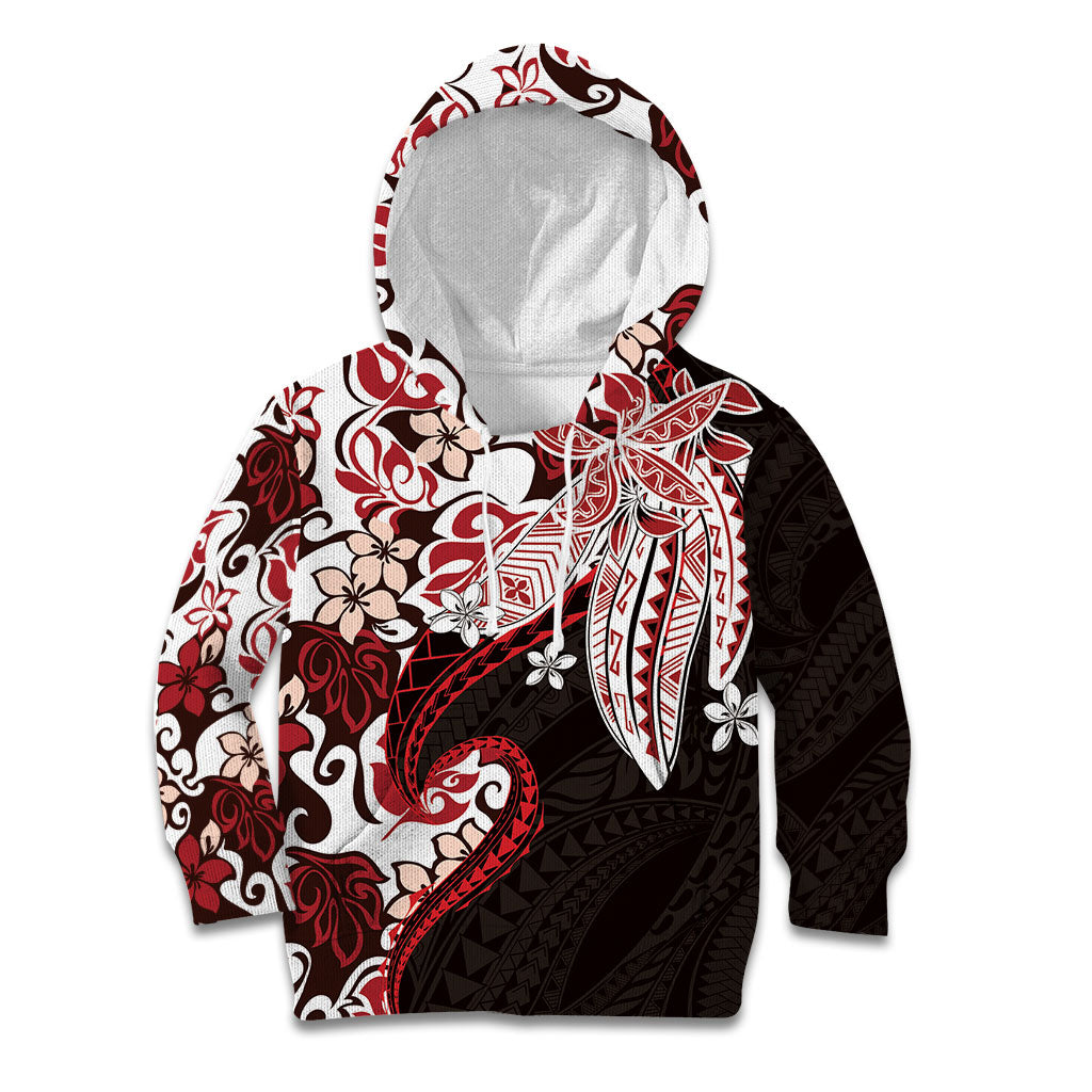Monstera Plumeria Flowers Red Kid Hoodie Polynesian Pattern