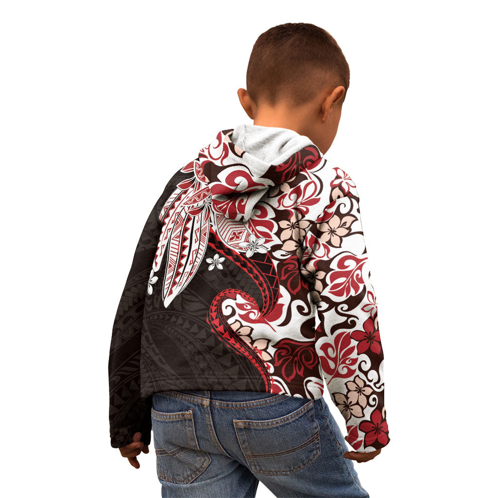 Monstera Plumeria Flowers Red Kid Hoodie Polynesian Pattern