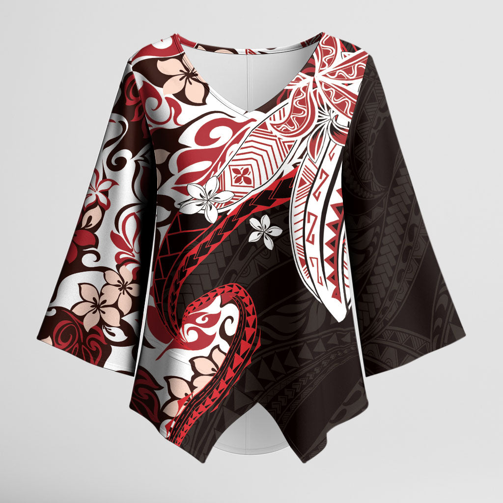 Monstera Plumeria Flowers Red Kimono Sleeve Blouse Polynesian Pattern