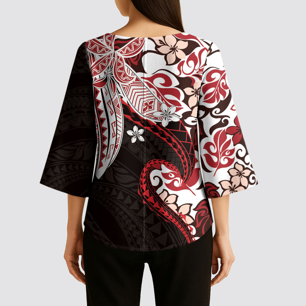Monstera Plumeria Flowers Red Kimono Sleeve Blouse Polynesian Pattern