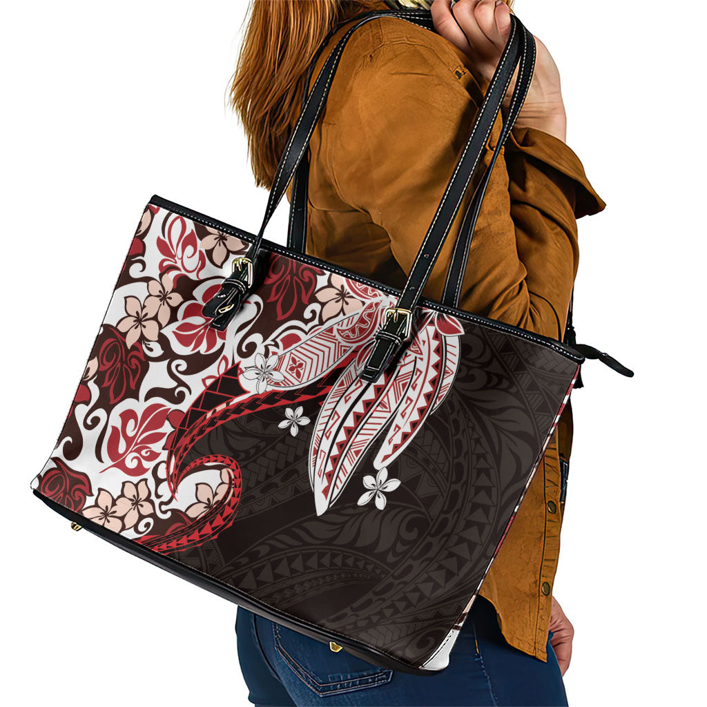 Monstera Plumeria Flowers Red Leather Tote Bag Polynesian Pattern