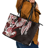 Monstera Plumeria Flowers Red Leather Tote Bag Polynesian Pattern