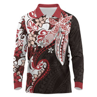 Monstera Plumeria Flowers Red Long Sleeve Polo Shirt Polynesian Pattern