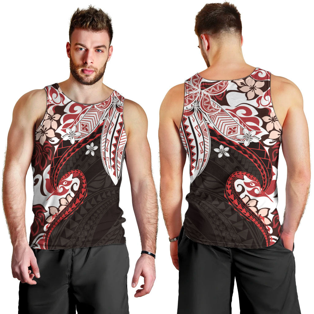 Monstera Plumeria Flowers Red Men Tank Top Polynesian Pattern