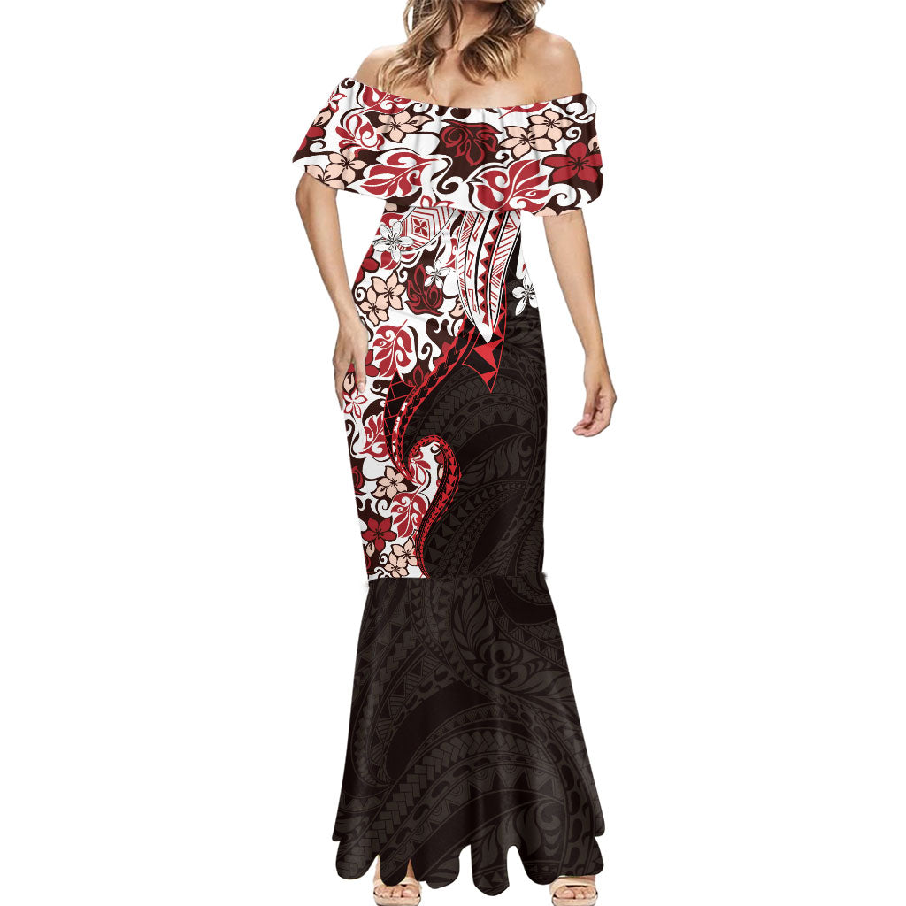 Monstera Plumeria Flowers Red Mermaid Dress Polynesian Pattern