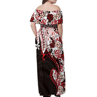 Monstera Plumeria Flowers Red Off Shoulder Maxi Dress Polynesian Pattern