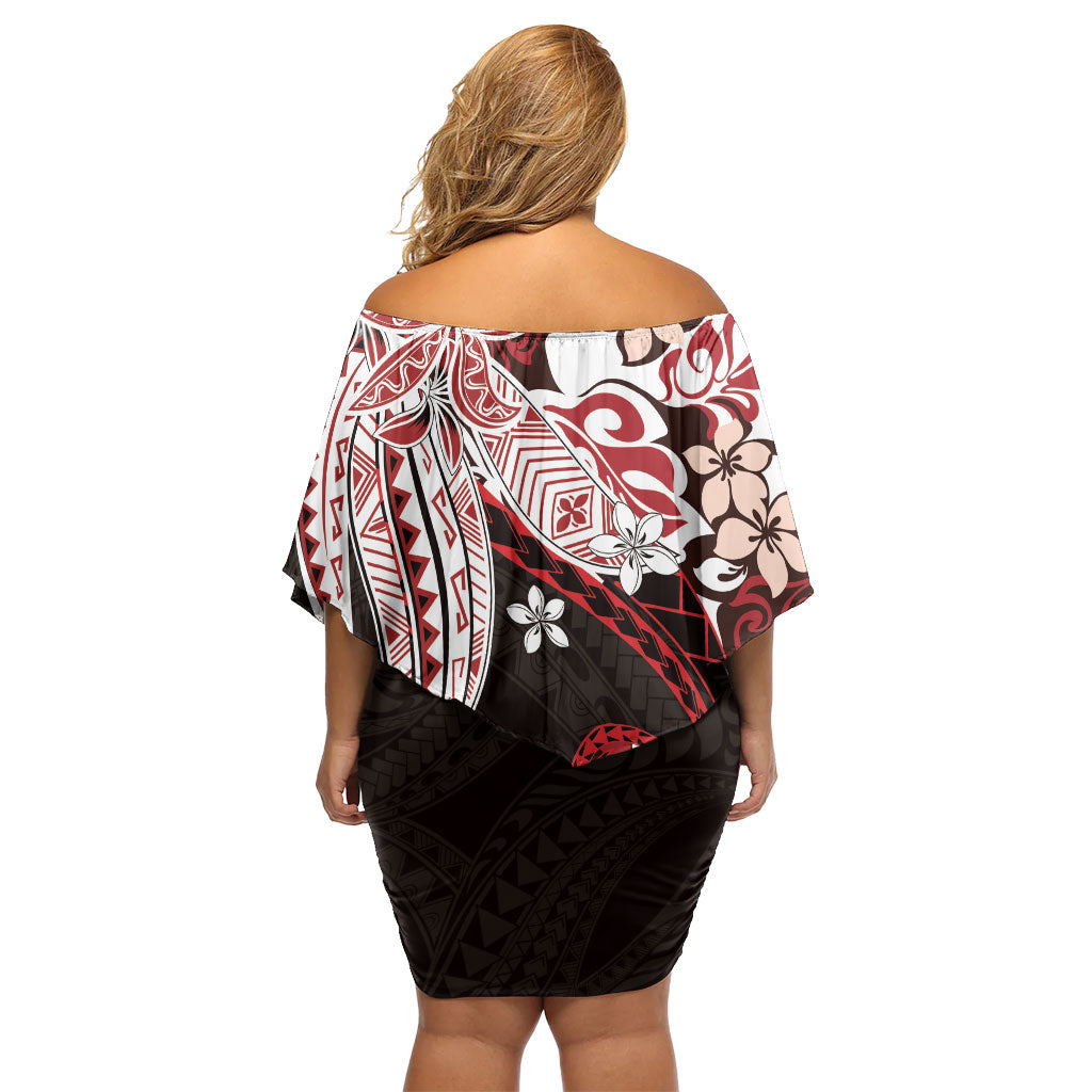 Monstera Plumeria Flowers Red Off Shoulder Short Dress Polynesian Pattern