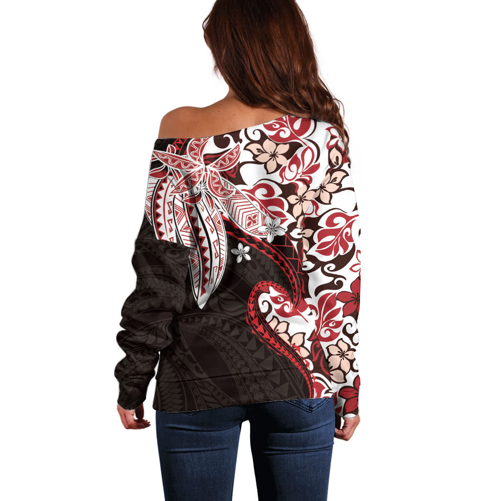 Monstera Plumeria Flowers Red Off Shoulder Sweater Polynesian Pattern