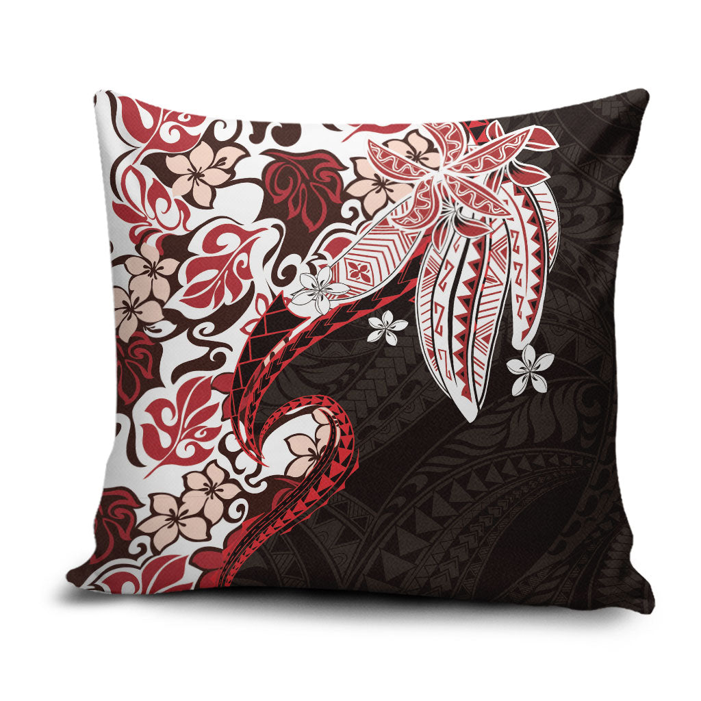 Monstera Plumeria Flowers Red Pillow Cover Polynesian Pattern