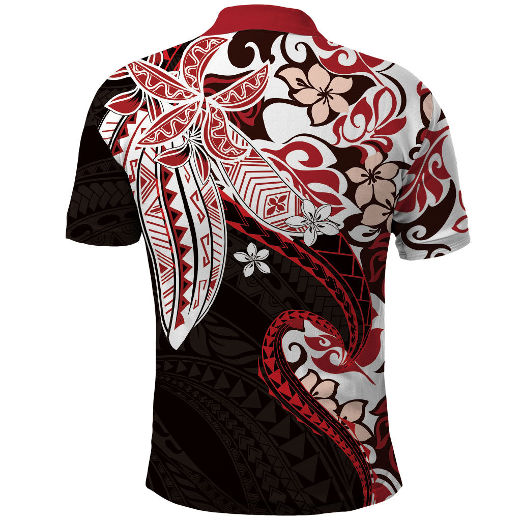 Monstera Plumeria Flowers Red Polo Shirt Polynesian Pattern