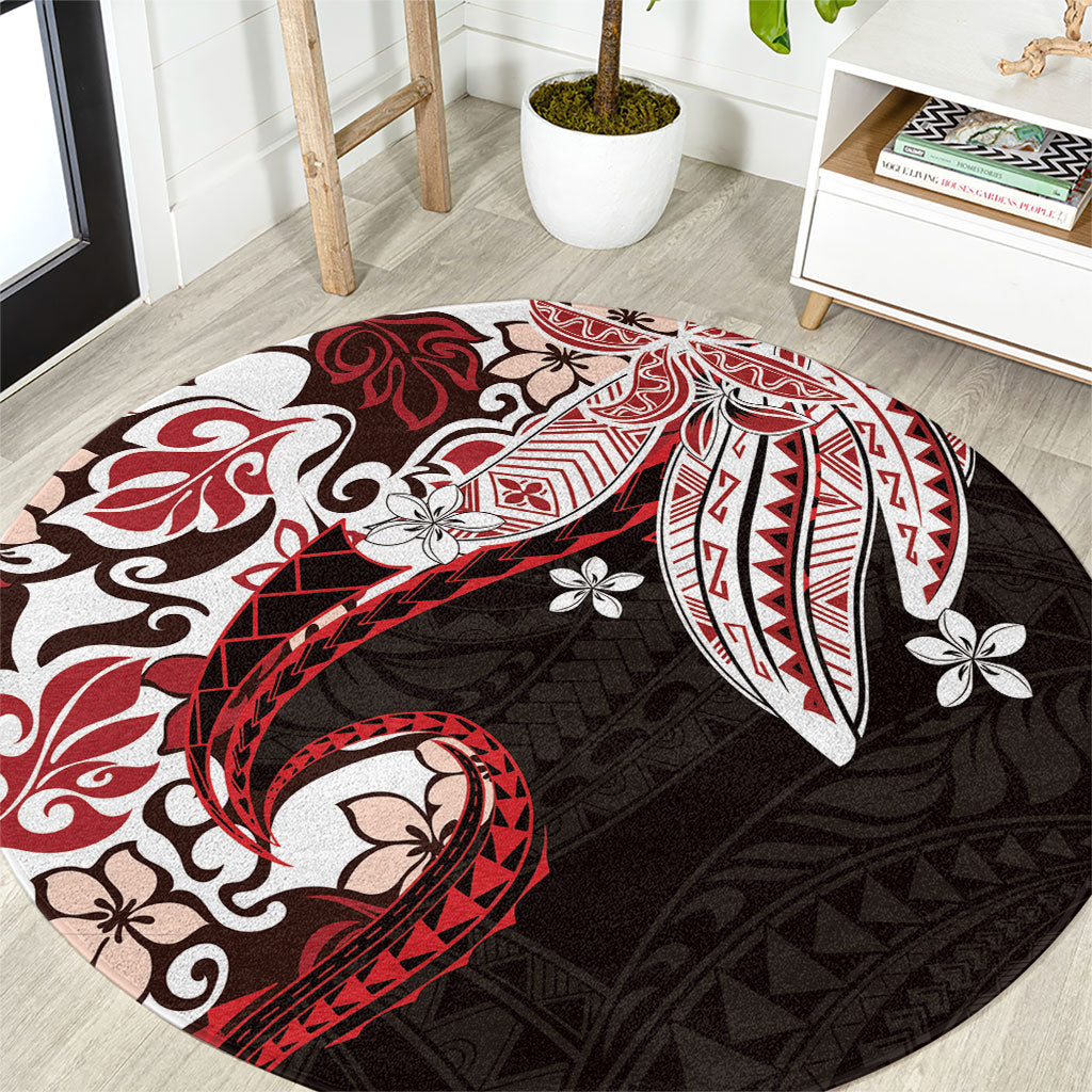 Monstera Plumeria Flowers Red Round Carpet Polynesian Pattern LT01 Red - Polynesian Pride