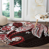 Monstera Plumeria Flowers Red Round Carpet Polynesian Pattern