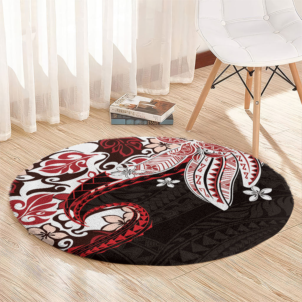 Monstera Plumeria Flowers Red Round Carpet Polynesian Pattern