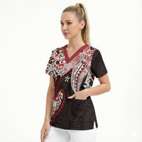 Monstera Plumeria Flowers Red Scrub Top Polynesian Pattern