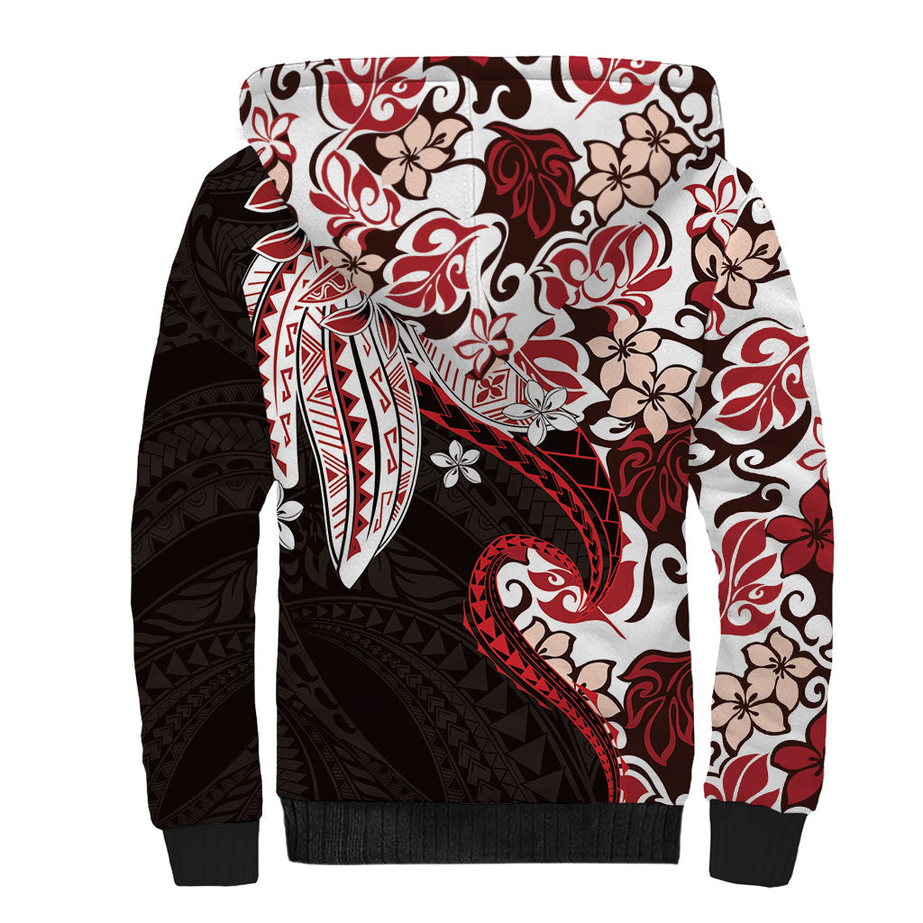 Monstera Plumeria Flowers Red Sherpa Hoodie Polynesian Pattern